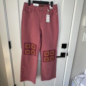 Judy Blue High-Waisted  Jeans Crochet Patchwork Knee Pink Dye Size 13 31 NEW NWT